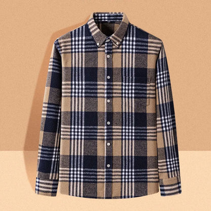 Plaid shirt with a brown and blue pattern on a beige background