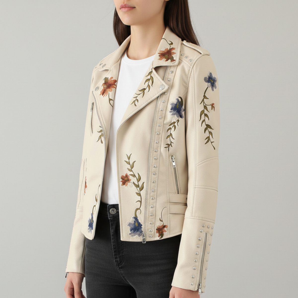 Women's Moto Jacket Floral Embroidery Stud Trim Zip Front 8
