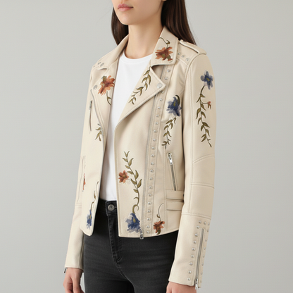 Women's Moto Jacket Floral Embroidery Stud Trim Zip Front 8