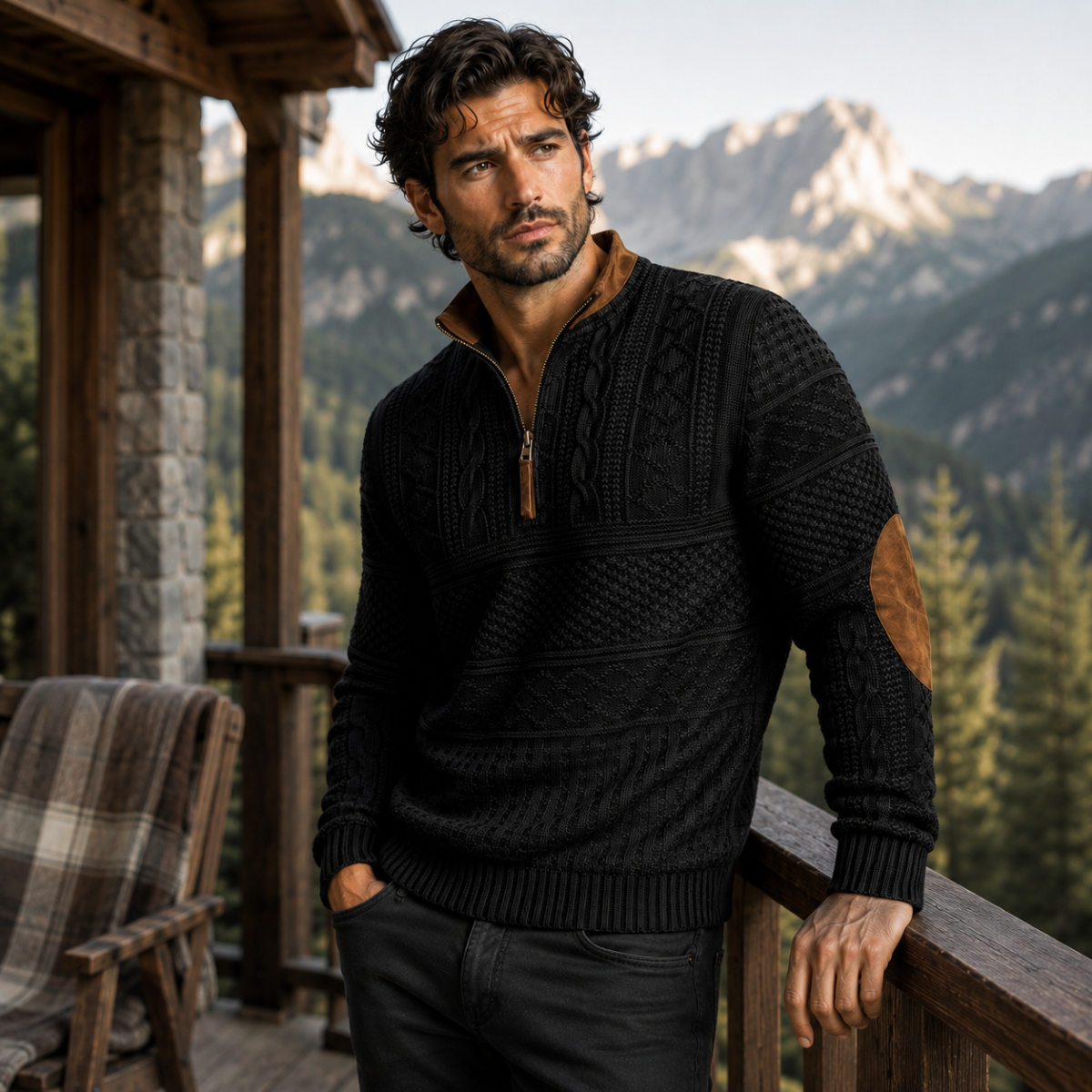Men's Half Zip Sweater | Patterned Knit with Elbow Patches 9