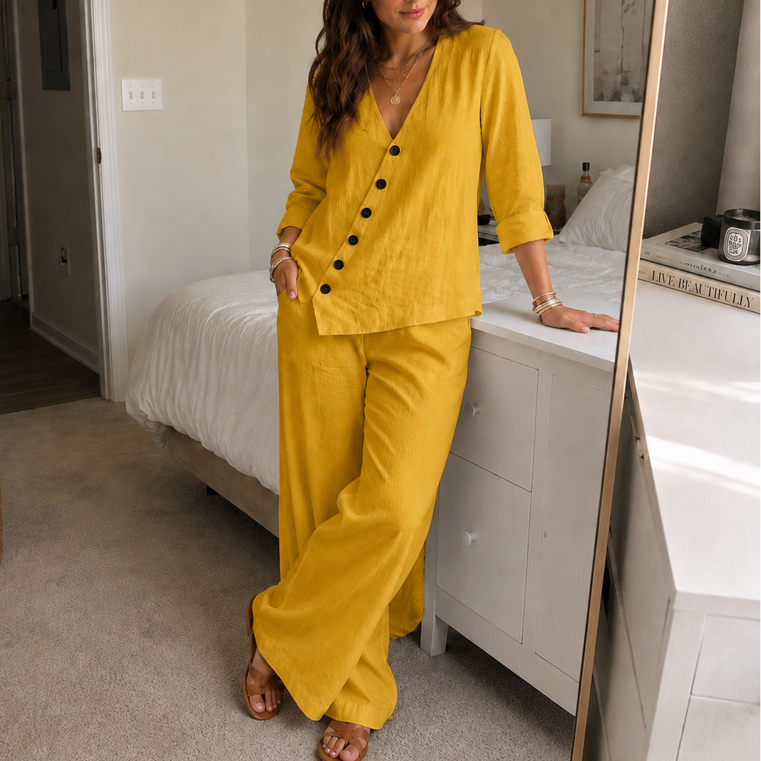 Women's Button Top & Wide Leg Trouser Set | Matching Two-Piece & All-Day Comfort 14