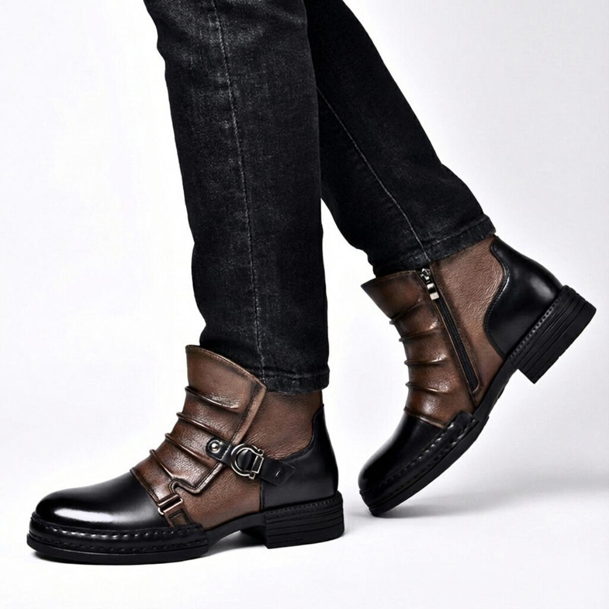 Men's Ring Buckle Boots Raised Front Ridges Side Zip 6