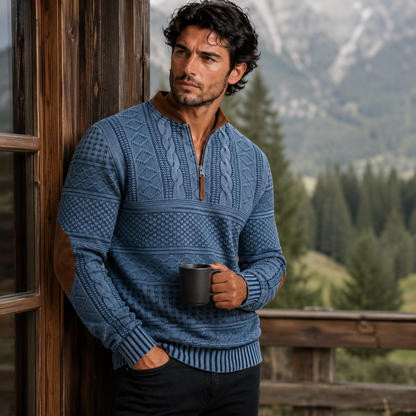 Men's Half Zip Sweater | Patterned Knit with Elbow Patches 10