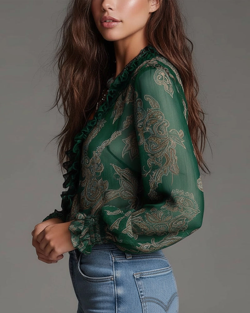 Women's Ruffle Sleeve Blouse | V-Neck & Zip Detail 12