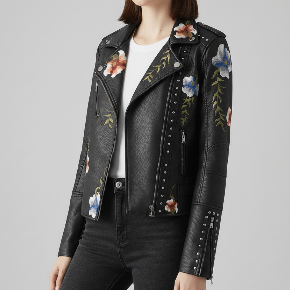 Women's Moto Jacket Floral Embroidery Stud Trim Zip Front 3