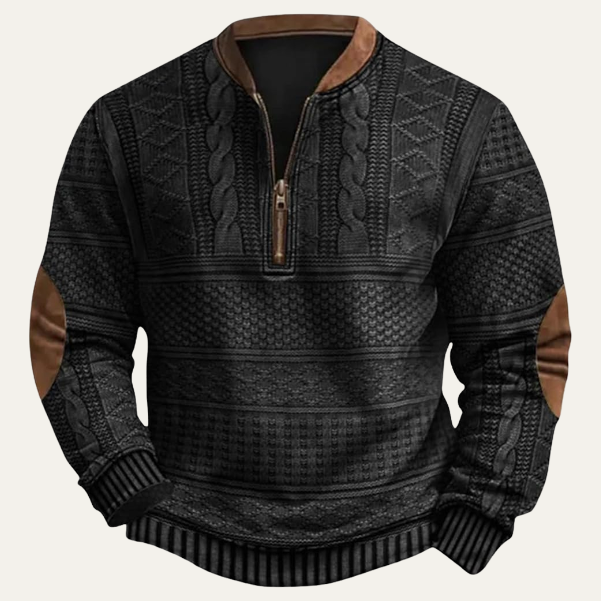 Men's Half Zip Sweater | Patterned Knit with Elbow Patches 1