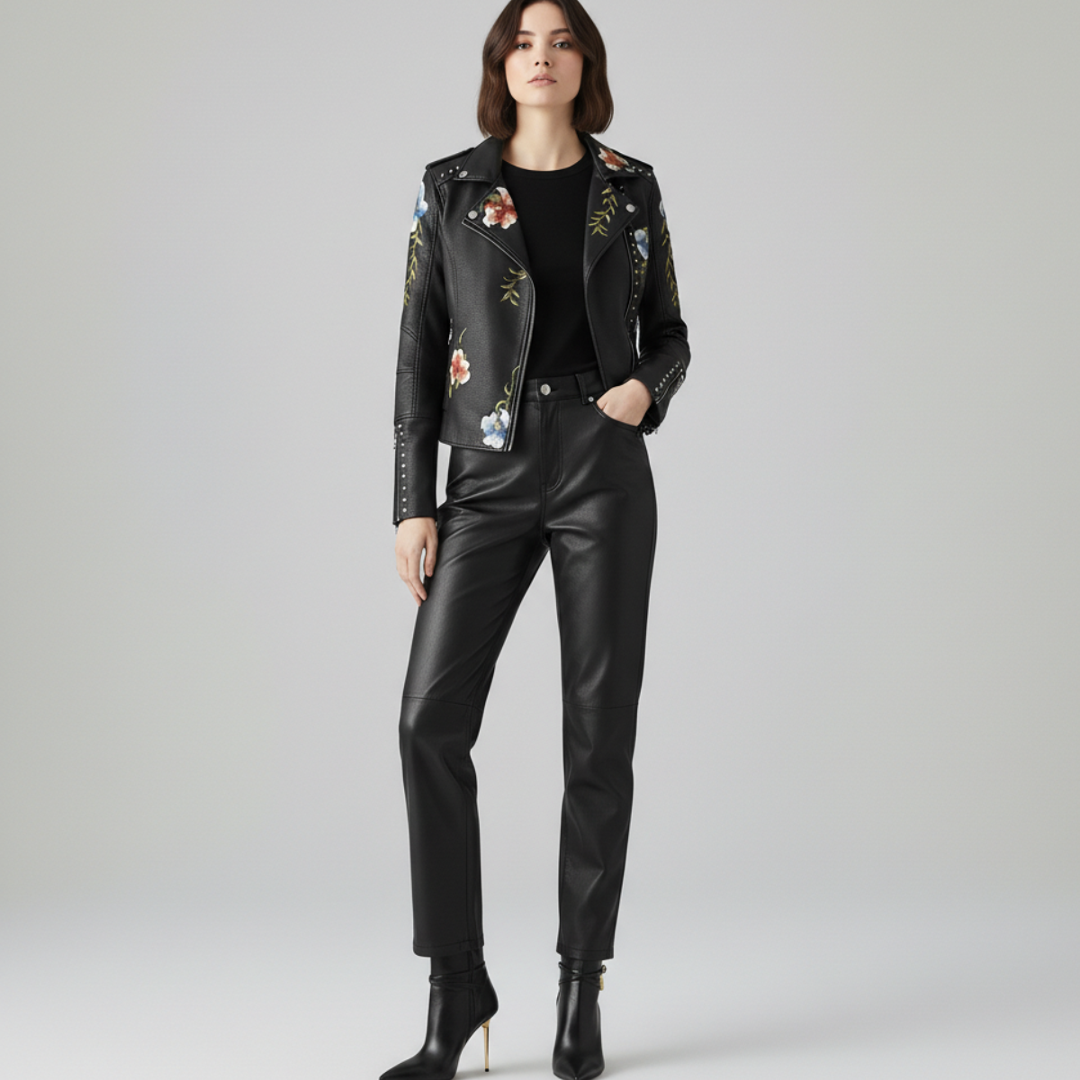 Women's Moto Jacket Floral Embroidery Stud Trim Zip Front 2