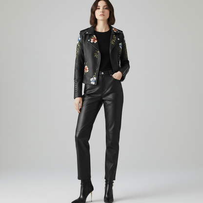 Women's Moto Jacket Floral Embroidery Stud Trim Zip Front 2