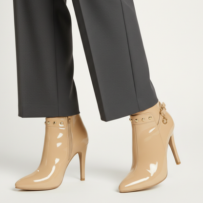 Women's Gloss Stiletto Ankle Boots Studded Side Zip Heels 9