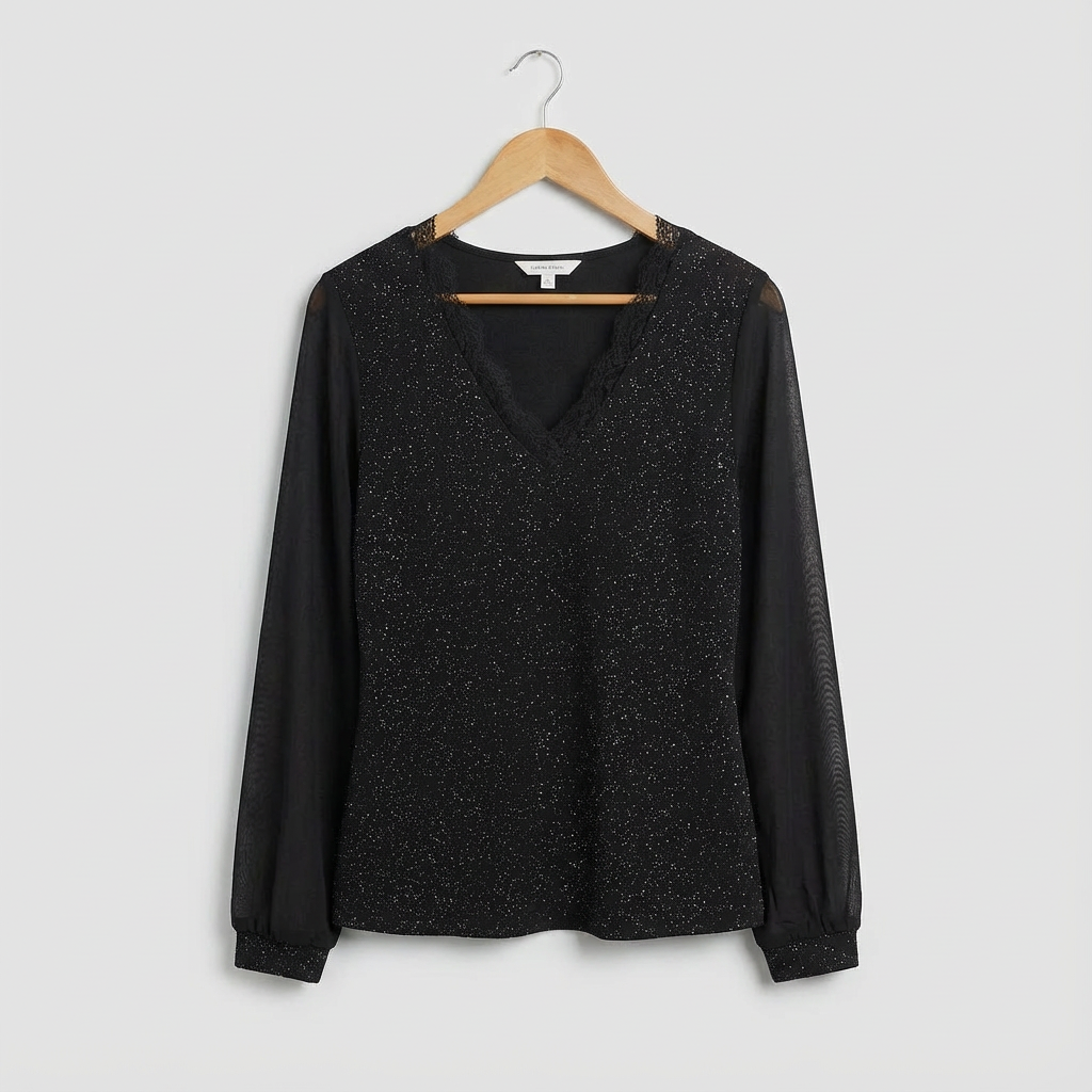 Women's V Neck Blouse Long Sleeve Shimmer Top Regular Fit 1