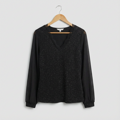 Women's V Neck Blouse Long Sleeve Shimmer Top Regular Fit 1