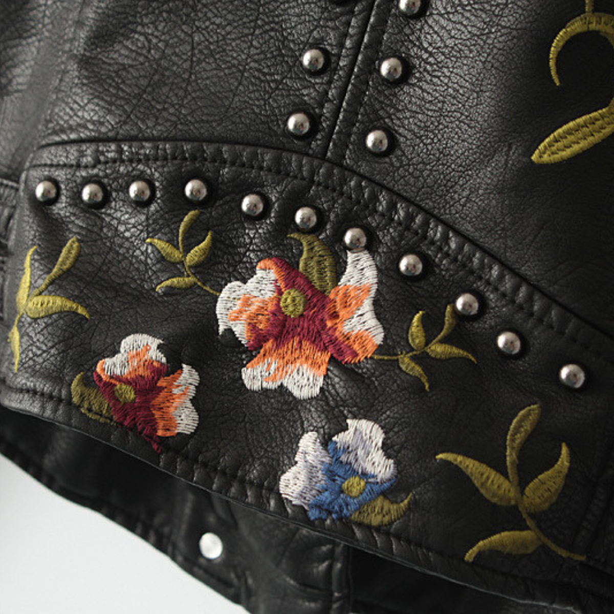 Women's Moto Jacket Floral Embroidery Stud Trim Zip Front 5