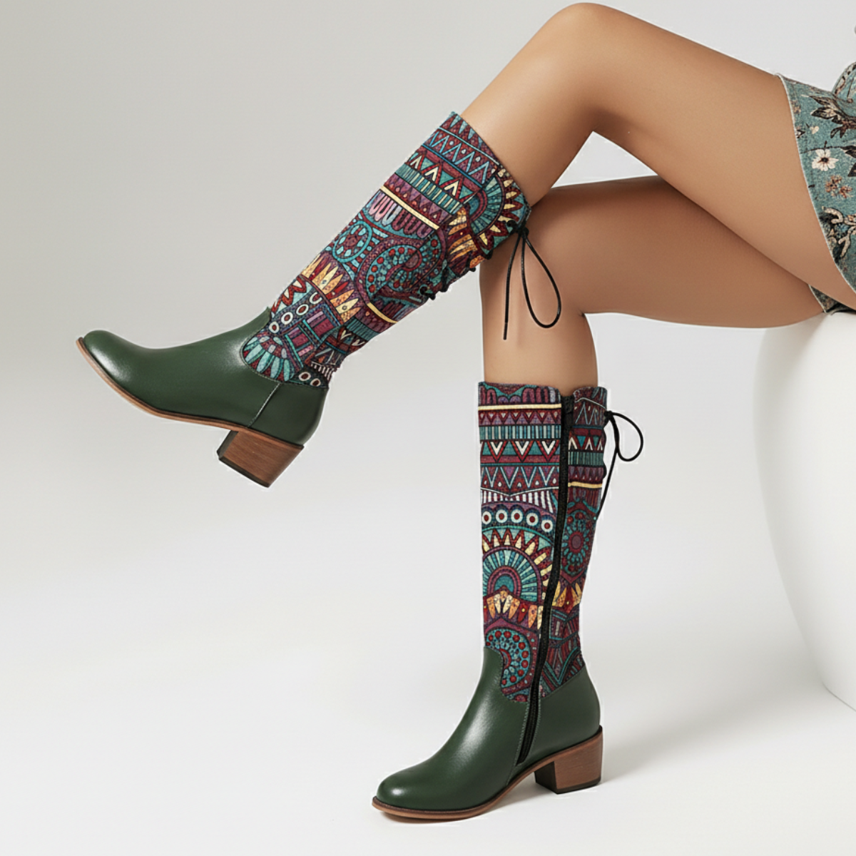 Women's Tapestry Ankle Boots Almond Toe Mid Block Heel 7