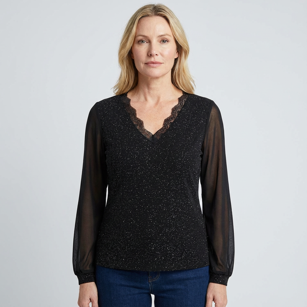 Women's V Neck Blouse Long Sleeve Shimmer Top Regular Fit 2