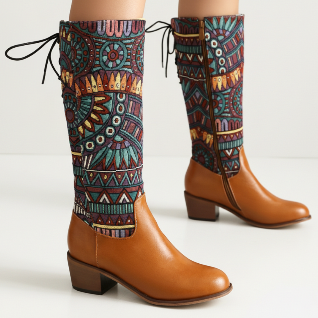 Women's Tapestry Ankle Boots Almond Toe Mid Block Heel 2