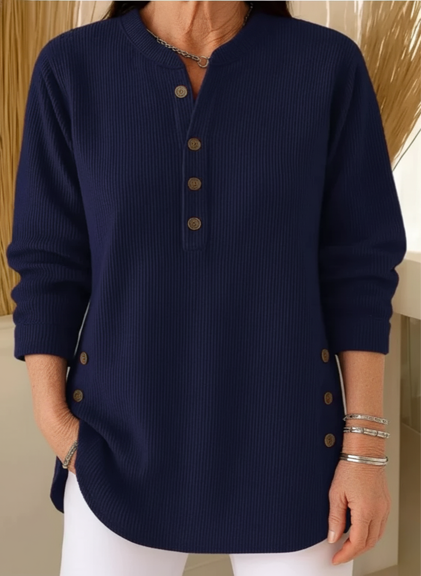 Women's Sweater Button Placket Flowing Cut Long Sleeve with Soft Knit 3