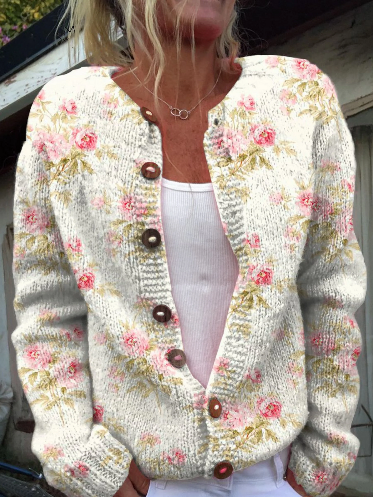 Women's Floral Knit Cardigan Button Up Knitted Sweater 1