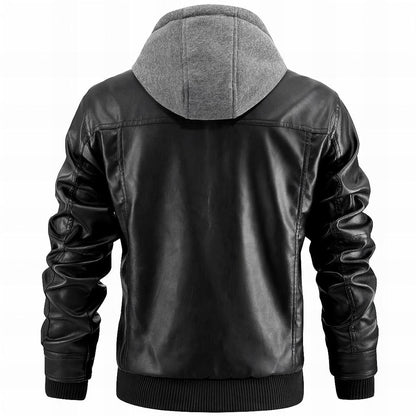 brown leather jacket with a hooded neck