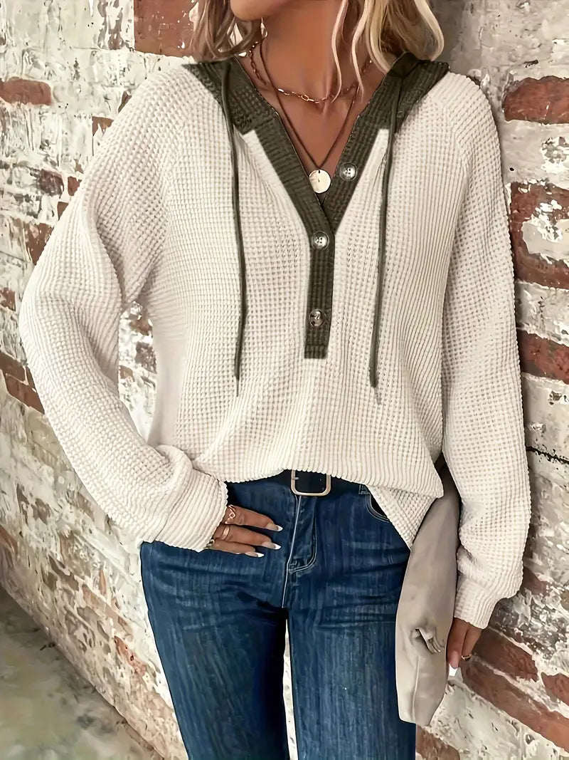 Women's Button Up Hoodie Relaxed Fit Waffle Knit Jacket 1