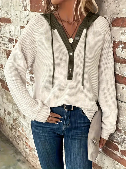 Women's Button Up Hoodie Relaxed Fit Waffle Knit Jacket 1