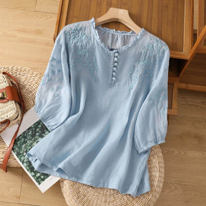 Women's Blouse | Ruffle Neck Floral Embroidery