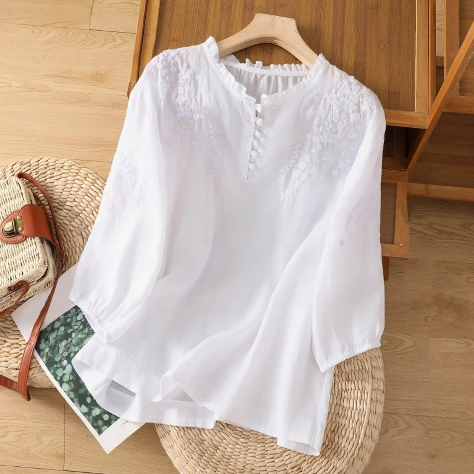 Women's Blouse | Ruffle Neck Floral Embroidery