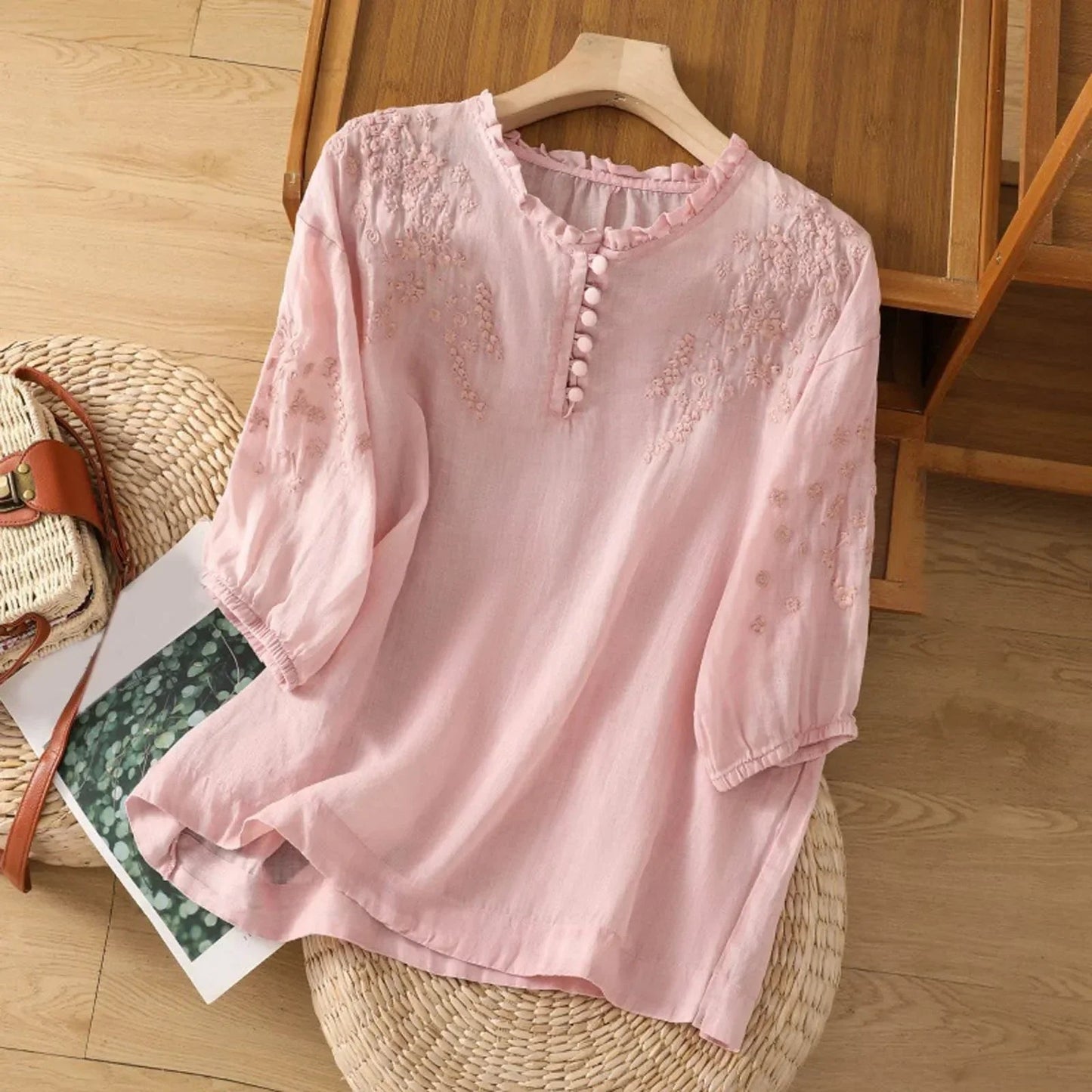 Women's Blouse | Ruffle Neck Floral Embroidery