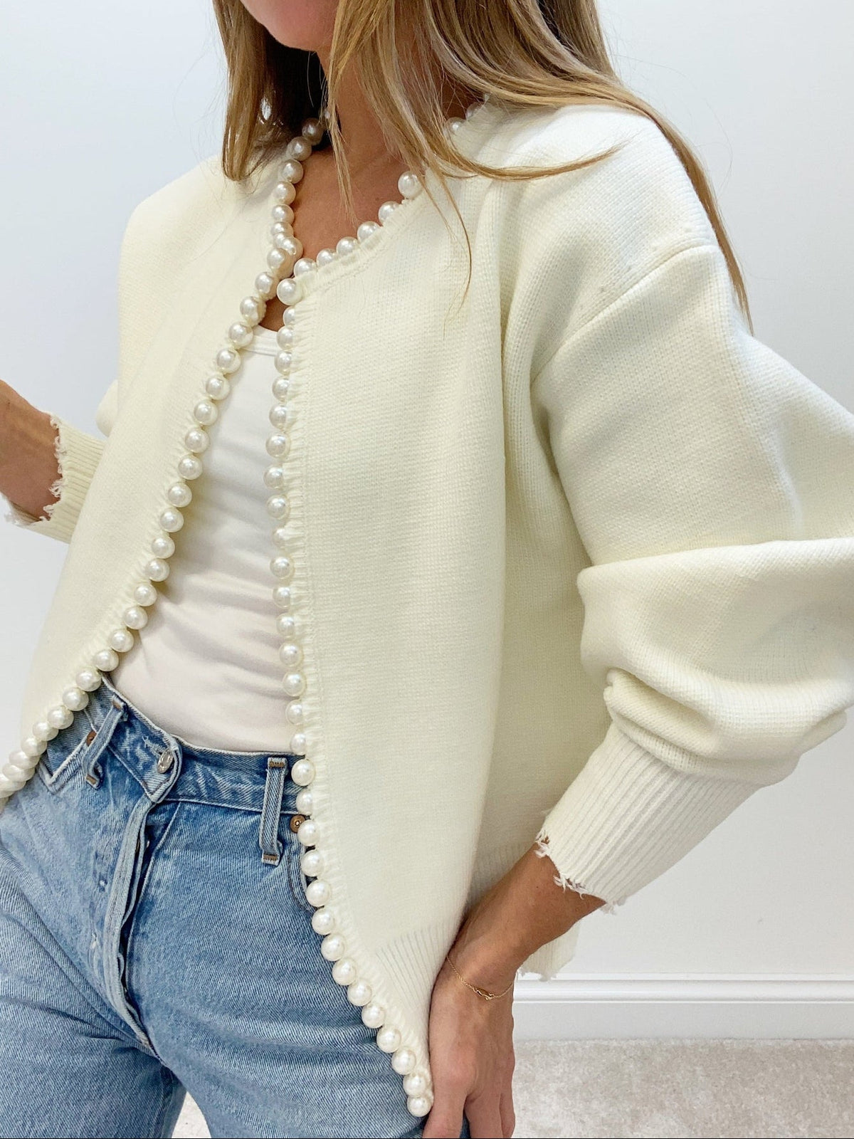 Women's Knit Cardigan Pearl Button Distressed Hem Jumper 2