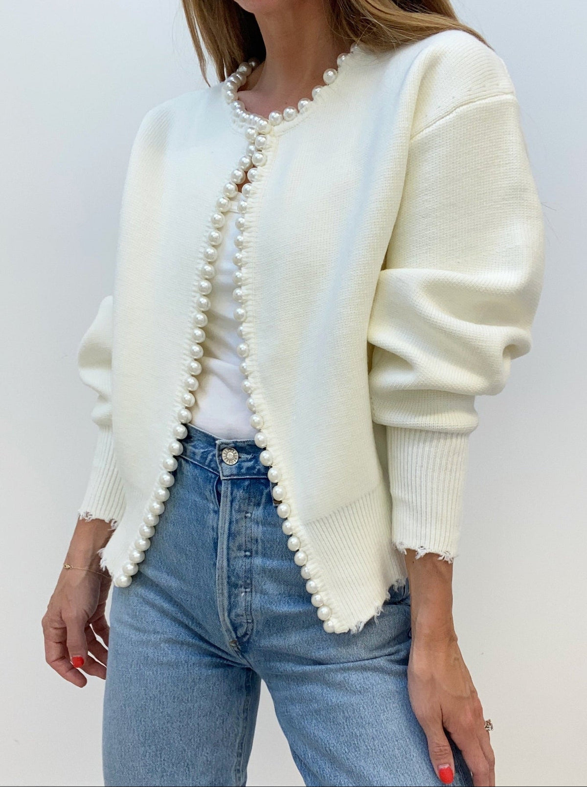 Women's Knit Cardigan Pearl Button Distressed Hem Jumper 1