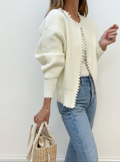 Women's Knit Cardigan Pearl Button Distressed Hem Jumper 4