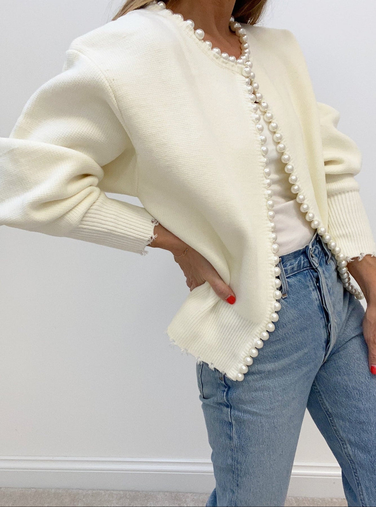 Women's Knit Cardigan Pearl Button Distressed Hem Jumper 3