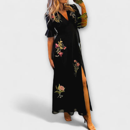 Beatrice - Navy Blue Floral Embroidered Dress for Special Occasions