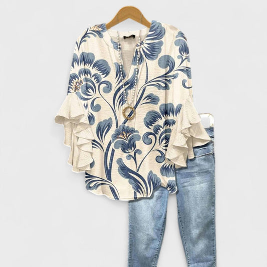 Blouse Women's | Ruffle Sleeve & Floral Print V-Neck