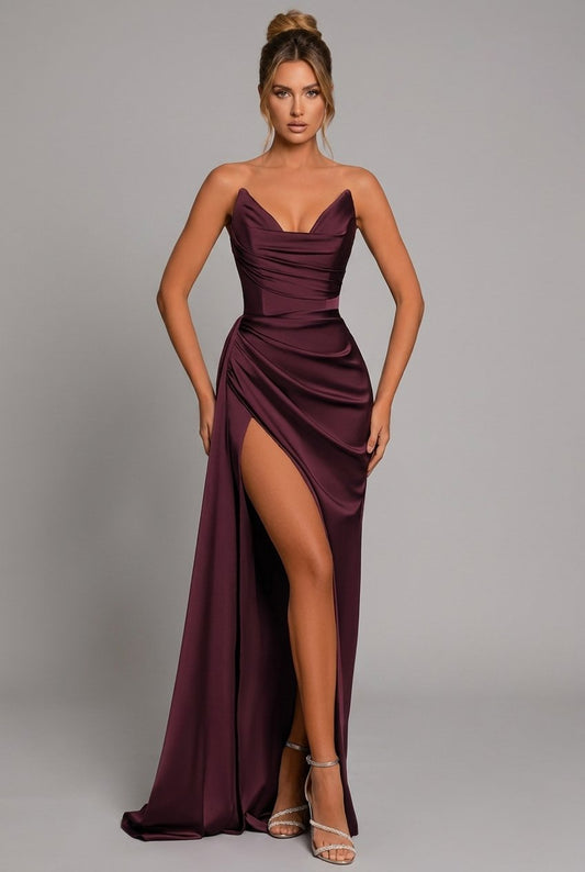 Bodycon Maxi Dress Women's | Strapless Ruched & High Split Gown