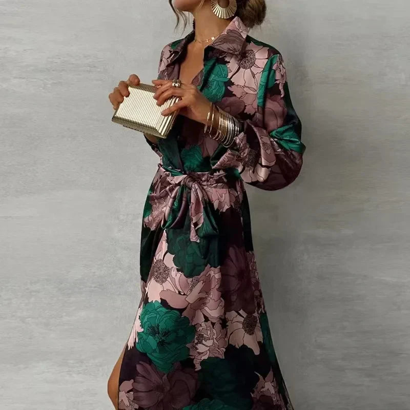 Bodycon Midi Dress Women's | Floral Print Belted Shirt Dress