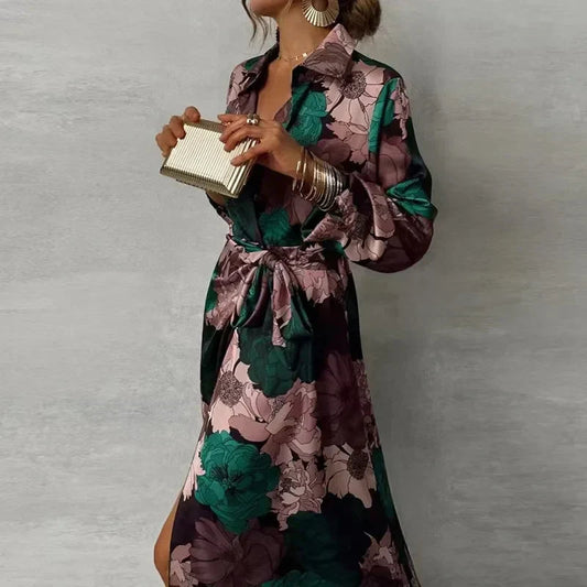 Bodycon Midi Dress Women's | Floral Print Belted Shirt Dress