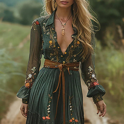 Bohemian Dress Women's | Embroidered Maxi & Belted Waist