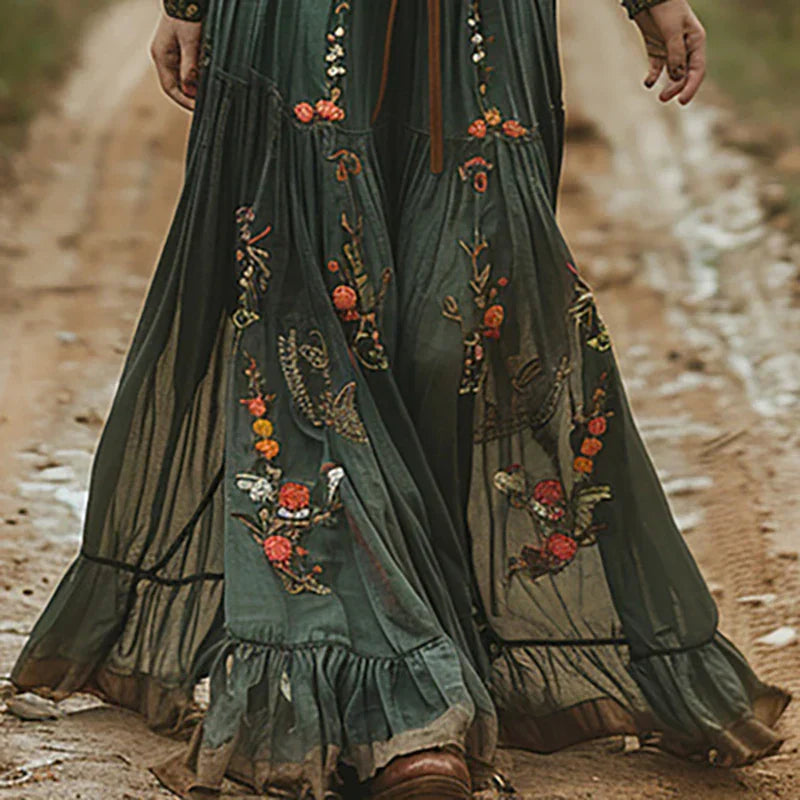 Bohemian Dress Women's | Embroidered Maxi & Belted Waist