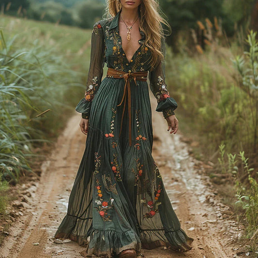 Bohemian Dress Women's | Embroidered Maxi & Belted Waist
