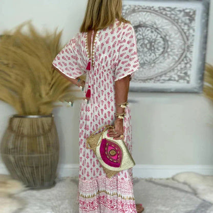 Boho Maxi Dress Women's | All-Over Print & Border Detail