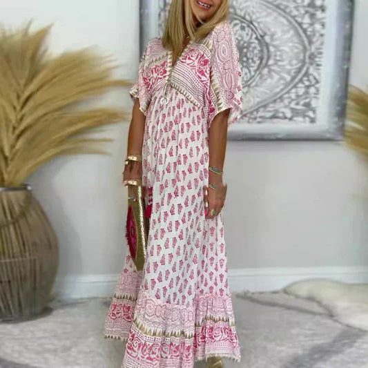 Boho Maxi Dress Women's | All-Over Print & Border Detail