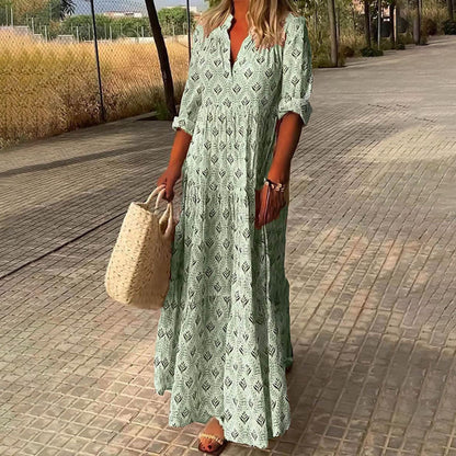 Boho Maxi Dress Women's | All-Over Print & Roll-Up Sleeve