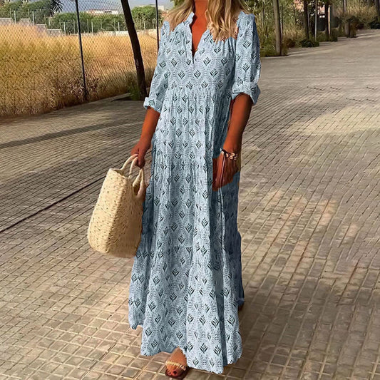 Boho Maxi Dress Women's | All-Over Print & Roll-Up Sleeve