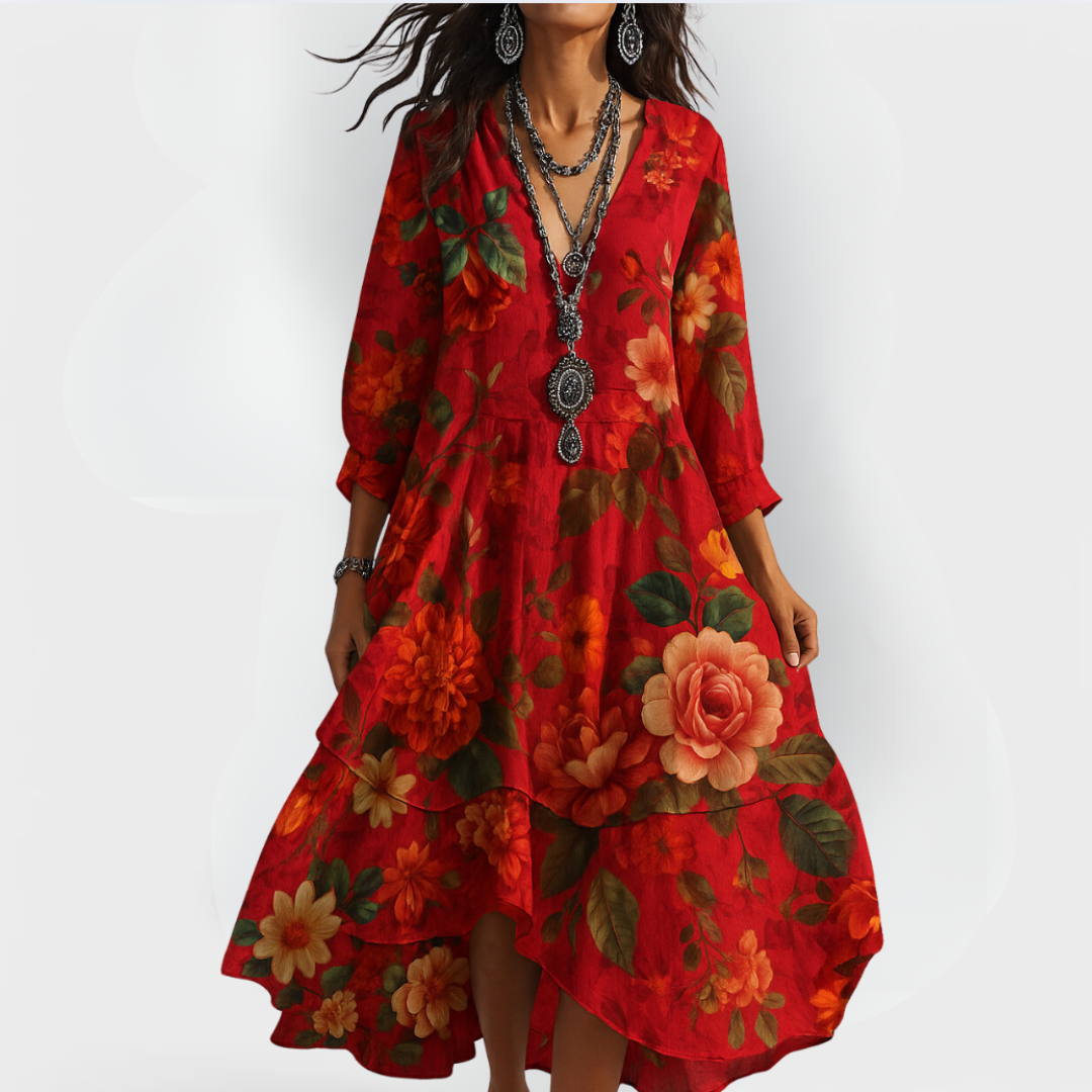 Boho Midi Dress Women's | Floral Print & Tiered Hem