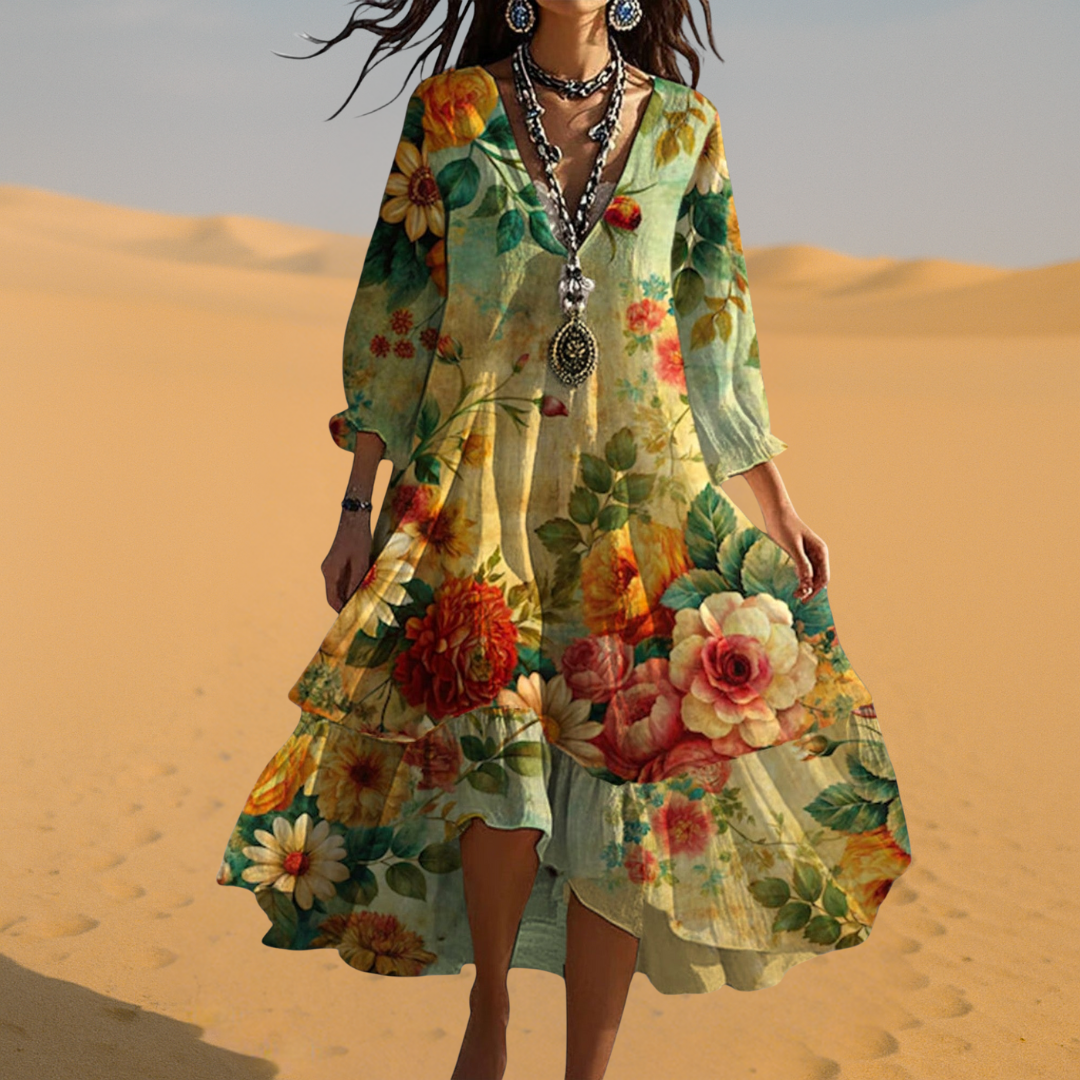 Boho Midi Dress Women's | Floral Print & Tiered Hem