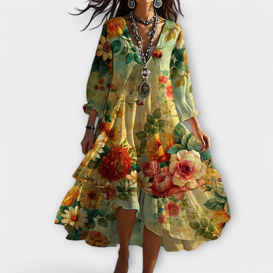 Boho Midi Dress Women's | Floral Print & Tiered Hem