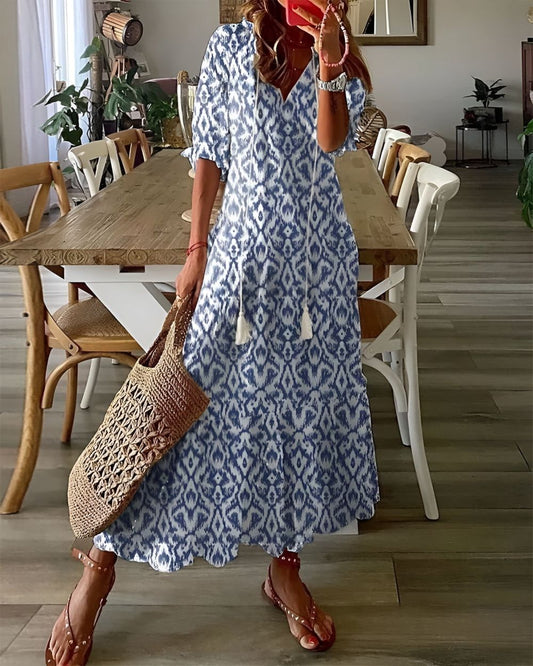 Boho Midi Dress Women's | Tassel Tie & Geometric Print Maxi