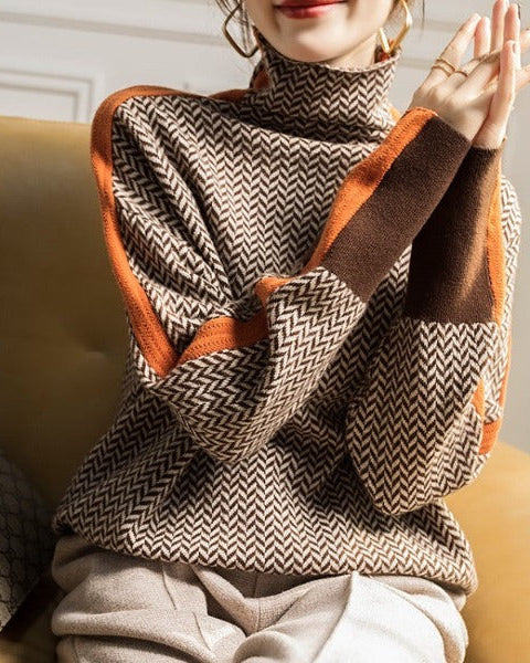 Women's Turtleneck Jumper Geometric Pattern Knit Sweater 2