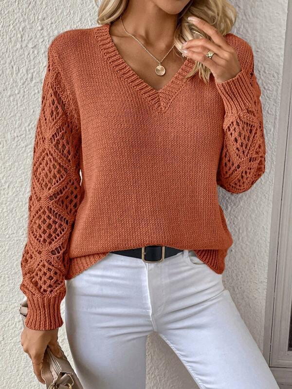 Women's V Neck Jumper Open Knit Sleeve Knitted Sweater 17