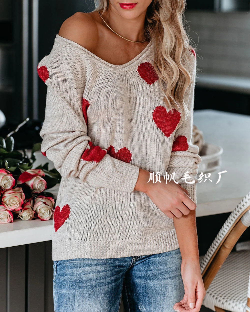 Charming Heart-Pattern Knit Sweater for Everyday Wear